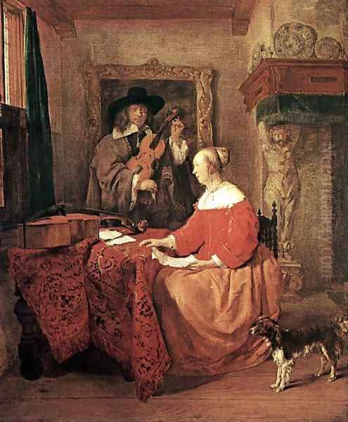 A Woman Seated at a Table and a Man Tuning a Violin Oil Painting by Gabriel Metsu