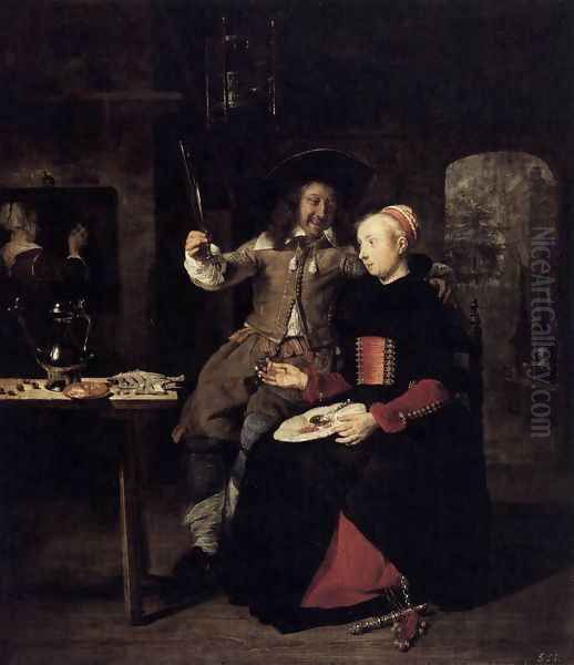 Portrait of the Artist with His Wife Isabella de Wolff in a Tavern 1661 Oil Painting by Gabriel Metsu