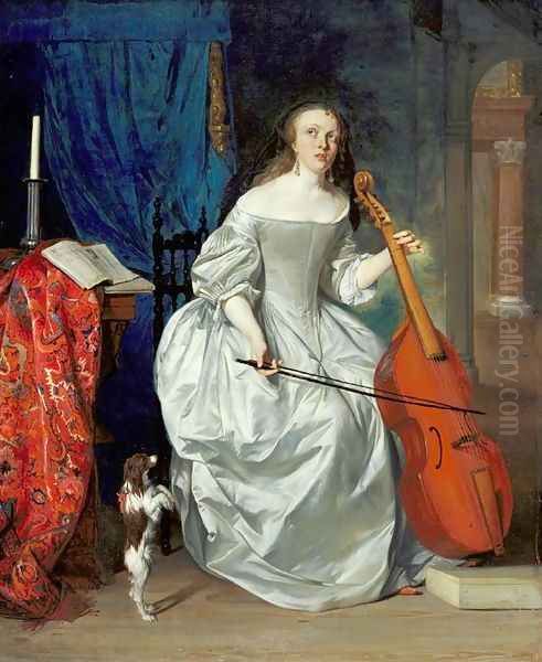 Woman Playing the Viola da Gamba Oil Painting by Gabriel Metsu