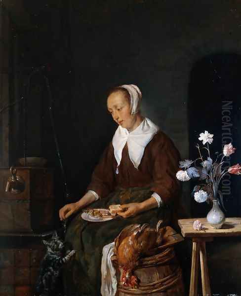 Woman Eating and Feeding her Cat Oil Painting by Gabriel Metsu