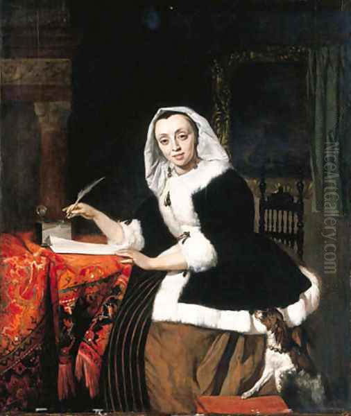 An elegant lady writing at her desk, with a dog beside her Oil Painting by Gabriel Metsu