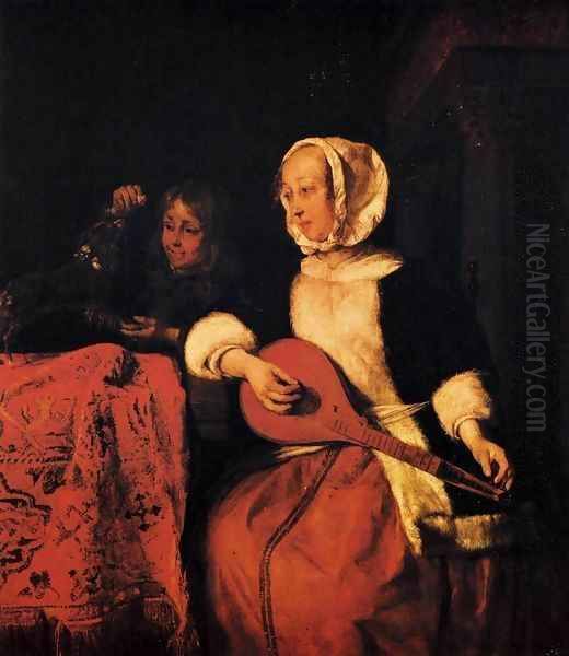 Woman Tuning a Mandolin Oil Painting by Gabriel Metsu