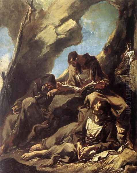 Three Capuchin Friars Meditating in their Hermitage (Tre frati cappuccini in meditazione nell'eremo) Oil Painting by Alessandro Magnasco