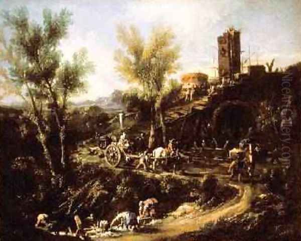 Landscape with Gypsies and Washerwoman 1705-10 Oil Painting by Alessandro Magnasco