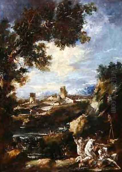 Landscape with Carmelite Friars Praying at a Roadside Shrine 1720 Oil Painting by Alessandro Magnasco