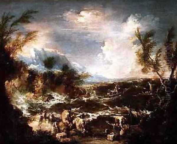 Rocky Coast in a storm with hermit monks receiving stores Oil Painting by Alessandro Magnasco