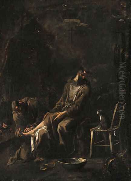 A Capuchin friar tending a companion's foot by a fire Oil Painting by Alessandro Magnasco