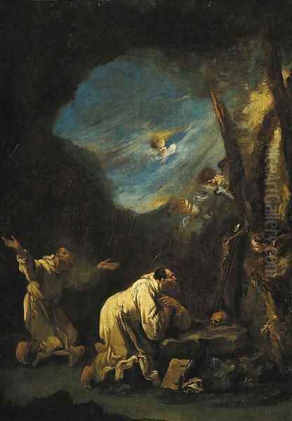 A stormy landscape with Carthusian monks praying at a shrine, angels in the sky beyond Oil Painting by Alessandro Magnasco