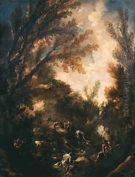 Wooded landscapes with washerwomen and anglers Oil Painting by Alessandro Magnasco