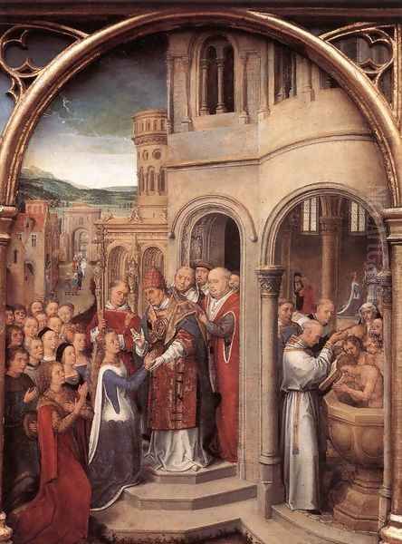 St Ursula Shrine- Arrival in Rome (scene 3) 1489 Oil Painting by Hans Memling