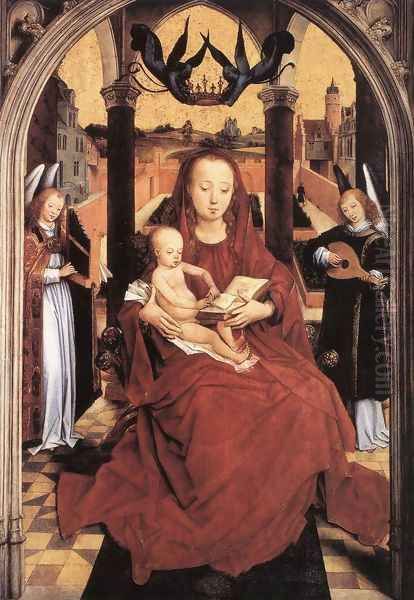 Virgin And Child Enthroned With Two Musical Angels Oil Painting by Hans Memling