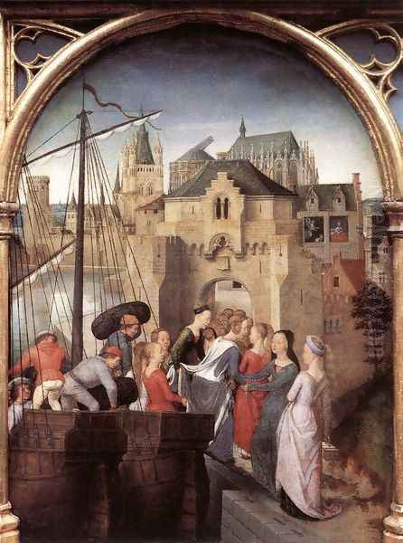 St Ursula Shrine- Arrival in Cologne (scene 1) 1489 Oil Painting by Hans Memling