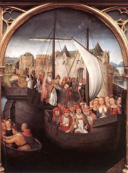 St Ursula Shrine- Departure from Basle (scene 4) 1489 Oil Painting by Hans Memling