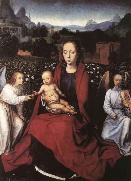 Virgin and Child in a Rose-Garden with Two Angels 1480s Oil Painting by Hans Memling