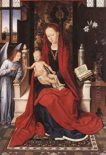 Virgin Enthroned with Child and Angel c. 1480 Oil Painting by Hans Memling