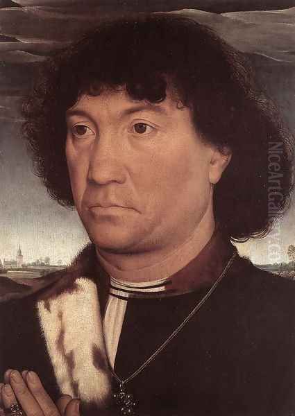 Portrait of a Man at Prayer before a Landscape c. 1480 Oil Painting by Hans Memling