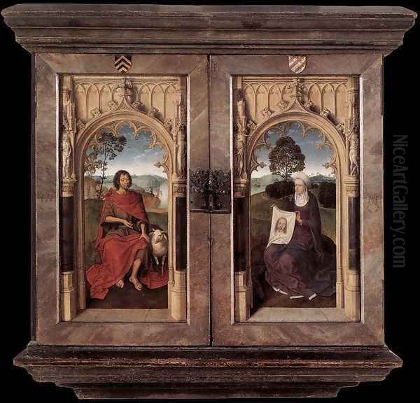 Triptych of Jan Floreins [detail: 2, reverse] Oil Painting by Hans Memling