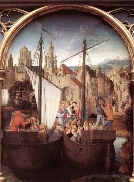 St Ursula Shrine- Arrival in Basle (scene 2) 1489 Oil Painting by Hans Memling