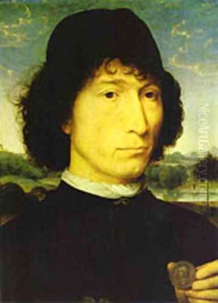 Portrait Of An Italian With A Roman Coin (Giovannide Candida) 1470 Oil Painting by Hans Memling