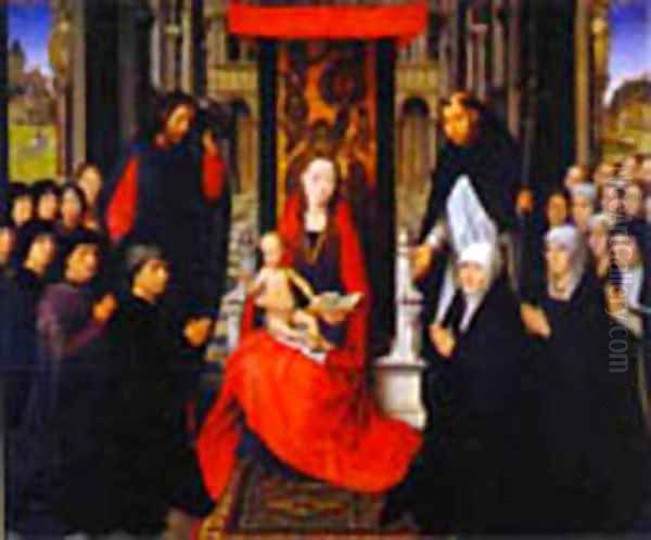 The Virgin And Child Between St James And St Dominic Presenting The Donors And Their Families Known As The Virgin Of Jacques Floreins Oil Painting by Hans Memling