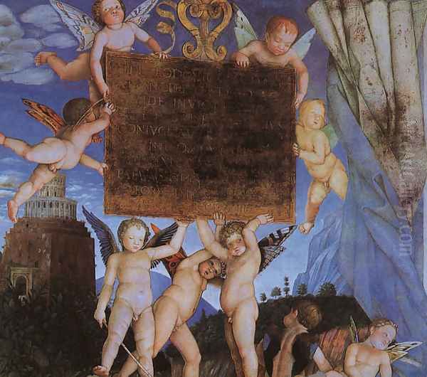 Camera degli Sposi, detail featuring Putti Holding Dedicatory Tablet Oil Painting by Andrea Mantegna