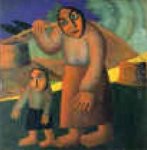 A Peasant Woman With Buckets And A Child Oil Painting by Kazimir Severinovich Malevich