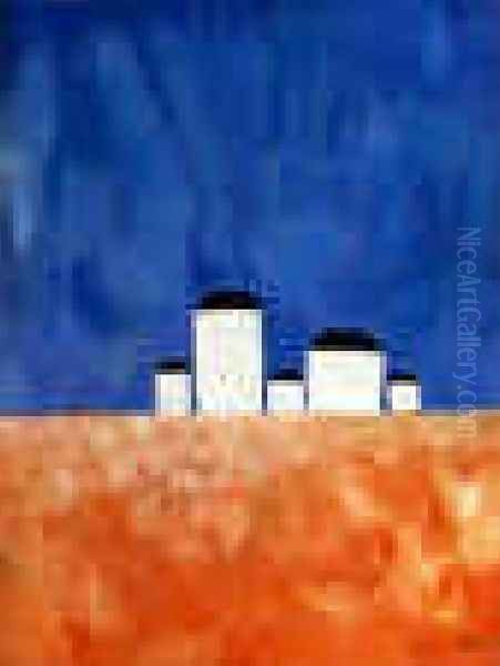 Landscape With Five Houses Oil Painting by Kazimir Severinovich Malevich