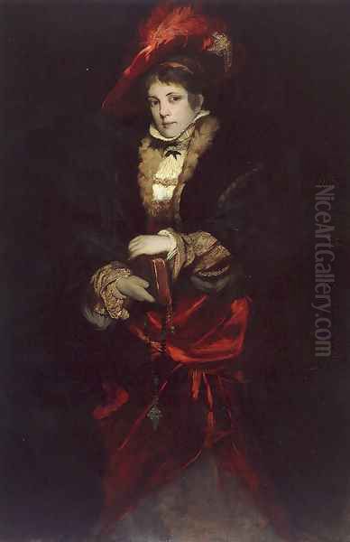 Portrait Of A Lady With Red Plumed Hat Oil Painting by Hans Makart