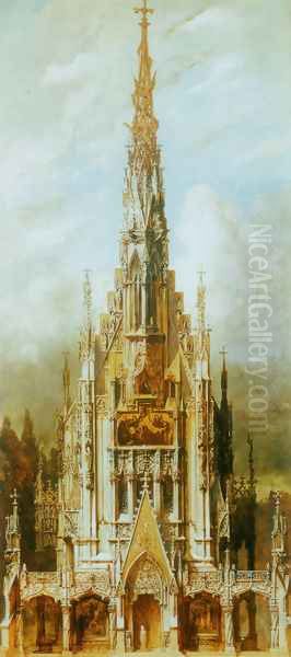 Gotische Grabkirche St Michael Turmfassade [Gothic Cemetary St Michaels Front Tower] Oil Painting by Hans Makart