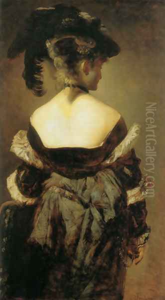 Dame mit Federhut in Rückenansicht (Lady with Feather Hat from Behind) Oil Painting by Hans Makart