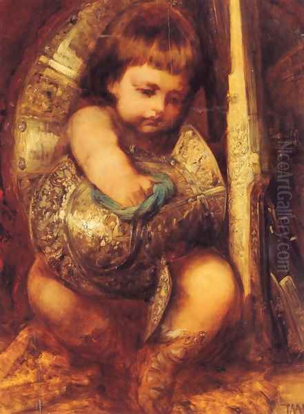 Ein Putto reinigt die Waffen des Mars Oil Painting by Hans Makart