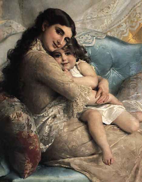 Portrait Of A Mother And Daughter Oil Painting by Emile Munier