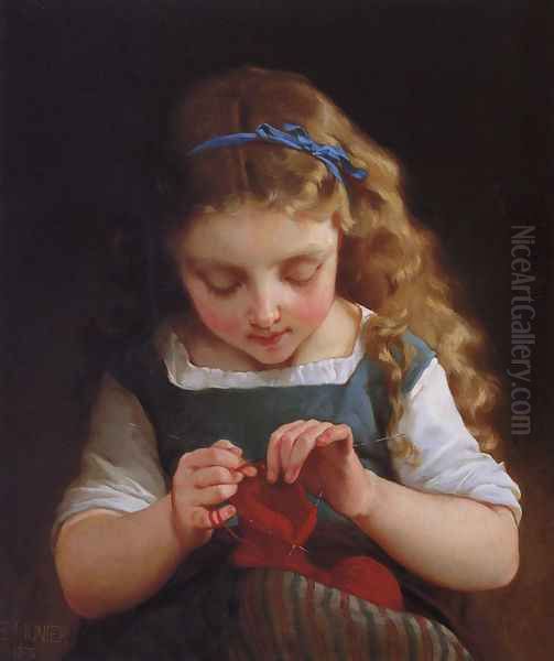 A Careful Stitch Oil Painting by Emile Munier