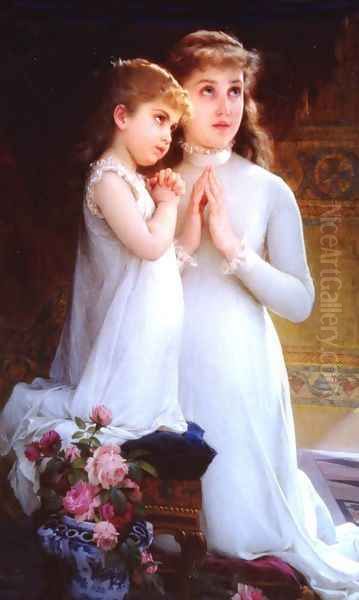 Two Girls Praying Oil Painting by Emile Munier