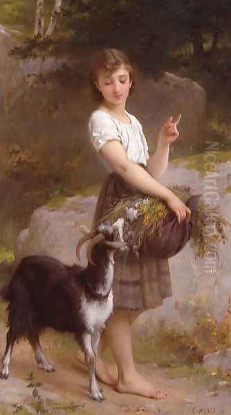 Young Girl With Goat & Flowers Oil Painting by Emile Munier