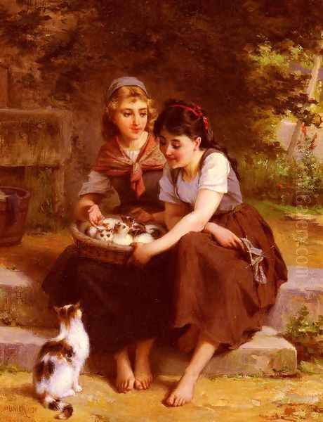 Deux Filles Avec Un Panier De Chatons (Two Girls With A Basket Of Kittens) Oil Painting by Emile Munier