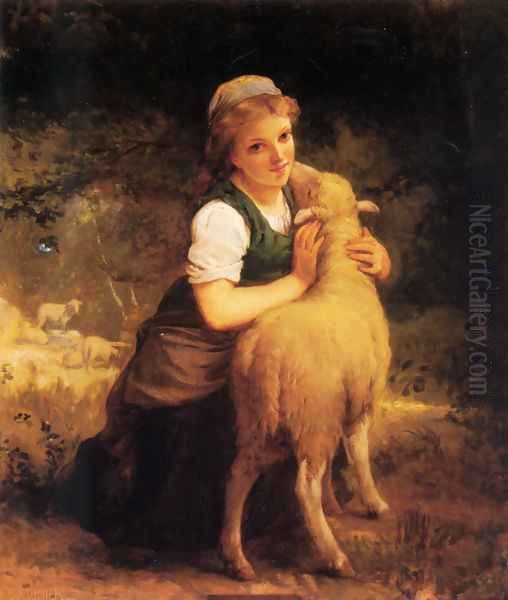 Young Girl With Lamb Oil Painting by Emile Munier