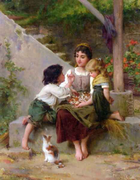 Playing with the Kittens Oil Painting by Emile Munier