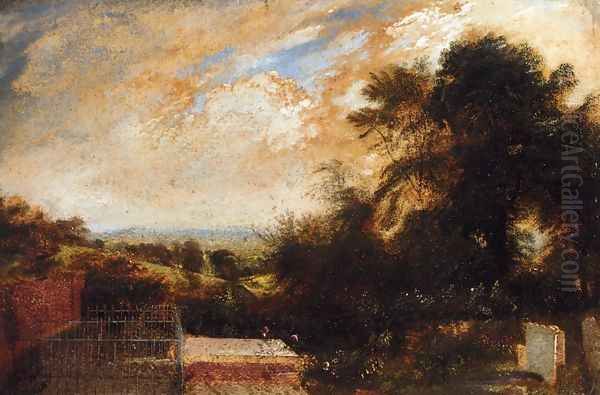 A Country Graveyard, Possibly Bunhill Fields, Finsbury, A Wooded Landscape Beyond Oil Painting by John Martin