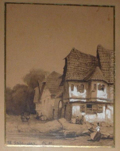 Village Oil Painting by Ch. Theodore, Bey Frere