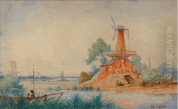 Les Moulins Au Bord De La Riviere Oil Painting by Ch. Theodore, Bey Frere