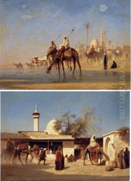 Un Gue En Bas Egypte; Une Rue A Damas: A Pair Of Paintings Oil Painting by Ch. Theodore, Bey Frere