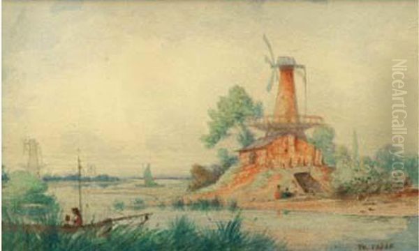 Moulins Au Bord De La Riviere. Oil Painting by Ch. Theodore, Bey Frere