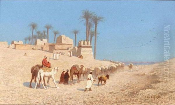 Arrival Of A Caravan At The Nile Oil Painting by Ch. Theodore, Bey Frere