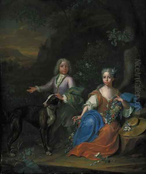 Double portrait of a boy and a girl, small full-length, with a greyhound in a wooded landscape Oil Painting by Heroman Van Der Mijn