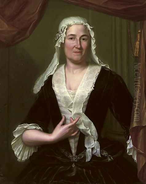 Portrait of a lady, half-length, in a dark green velvet dress and white chemise, wearing a white headdress Oil Painting by Heroman Van Der Mijn