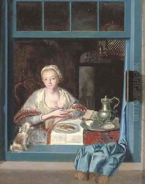 A lady sitting at a table with a dog at an open window Oil Painting by Heroman Van Der Mijn