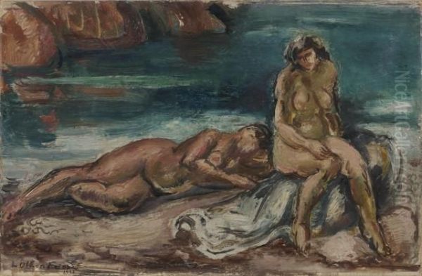 Deux Baigneuses Dans Les Rochers Ou Nus Sur La Plage Oil Painting by Emile-Othon Friesz