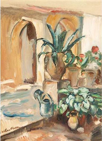 Potted Plants In An Interior Courtyard Oil Painting by Emile-Othon Friesz