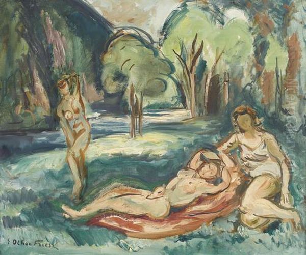 Trois Baigneuses Au Bord D'une Riviere. by Emile-Othon Friesz